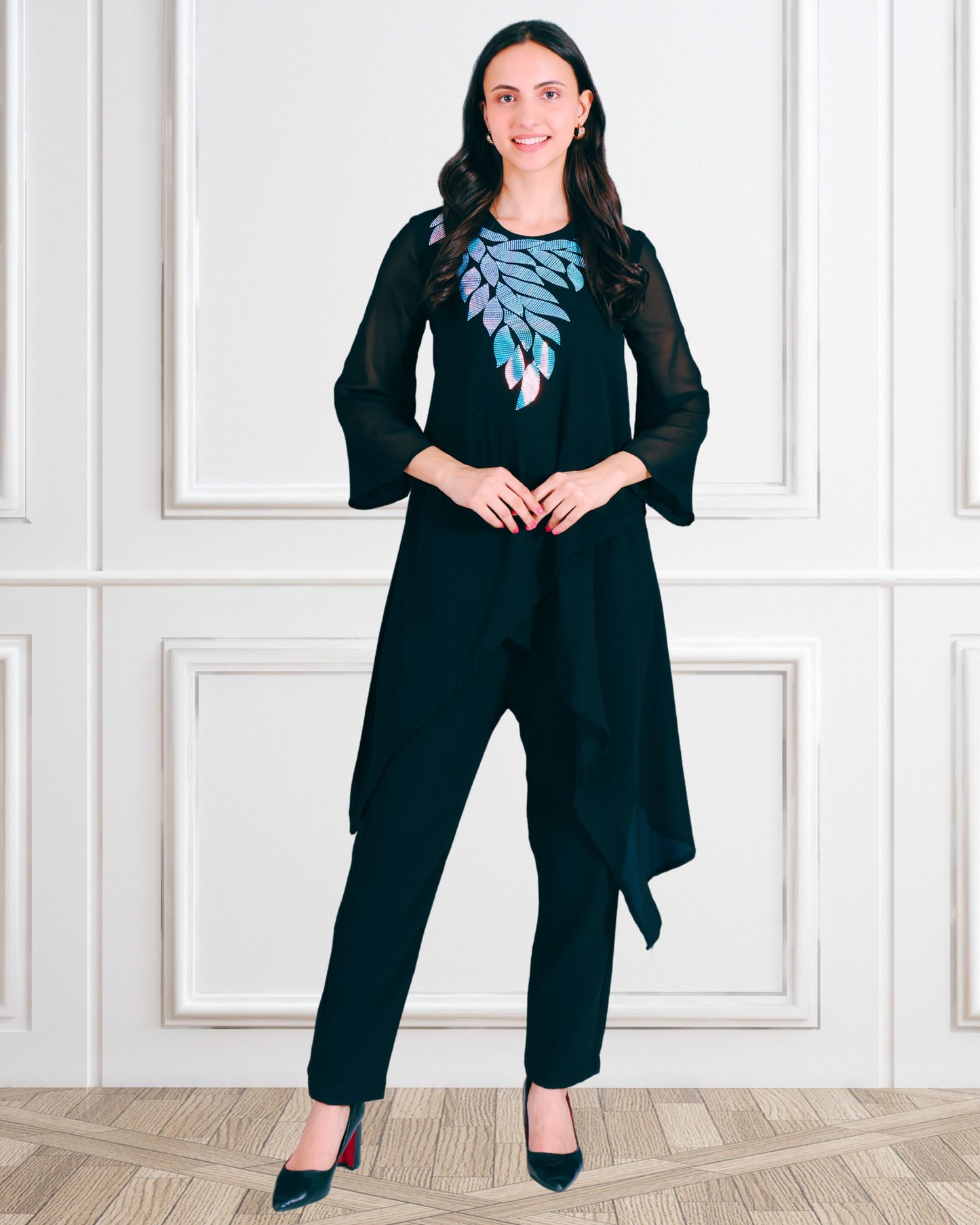 Elegant Sequins Embellished Asymmetric Tunic & Pant Set