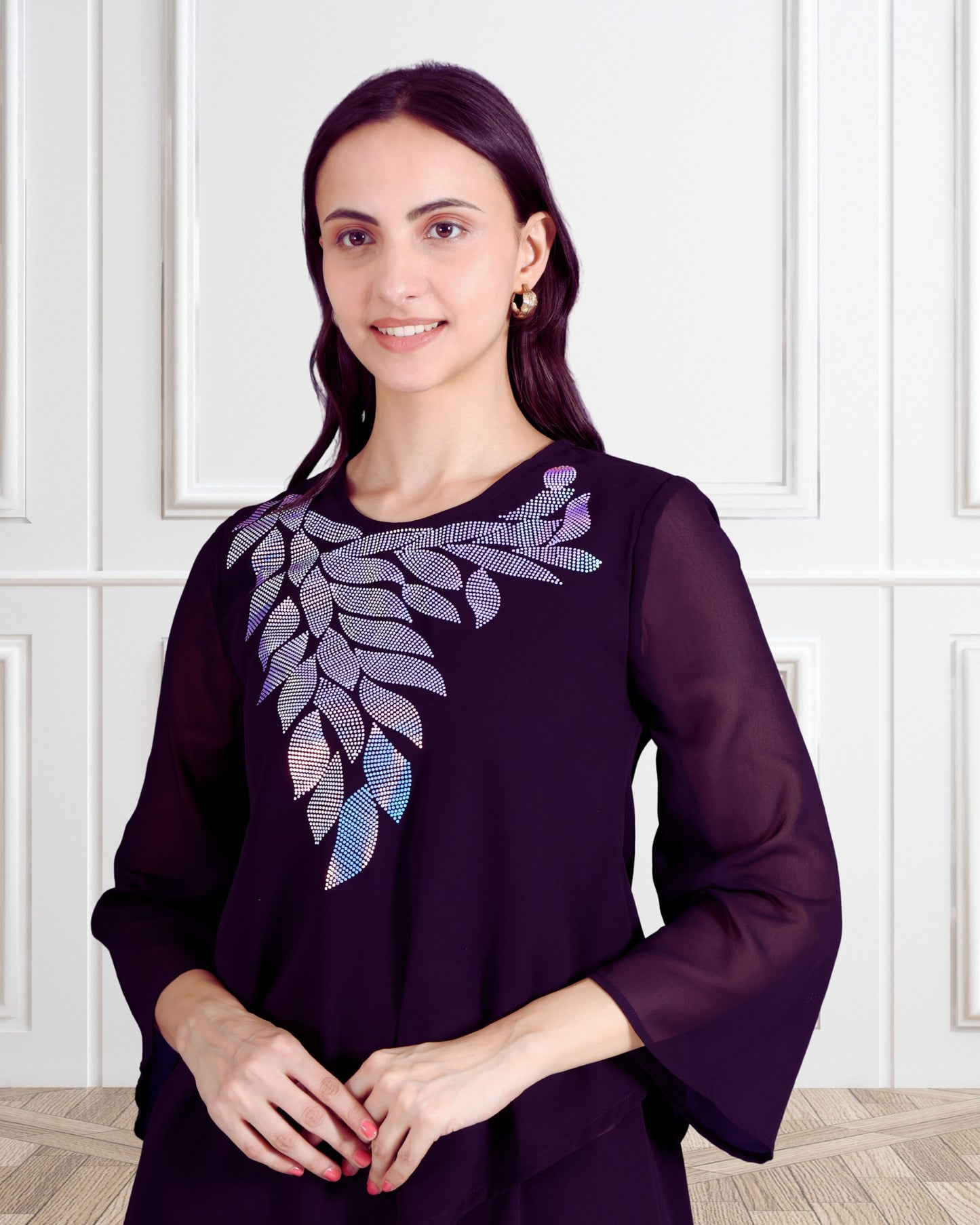 Elegant Sequins Embellished Asymmetric Tunic & Pant Set