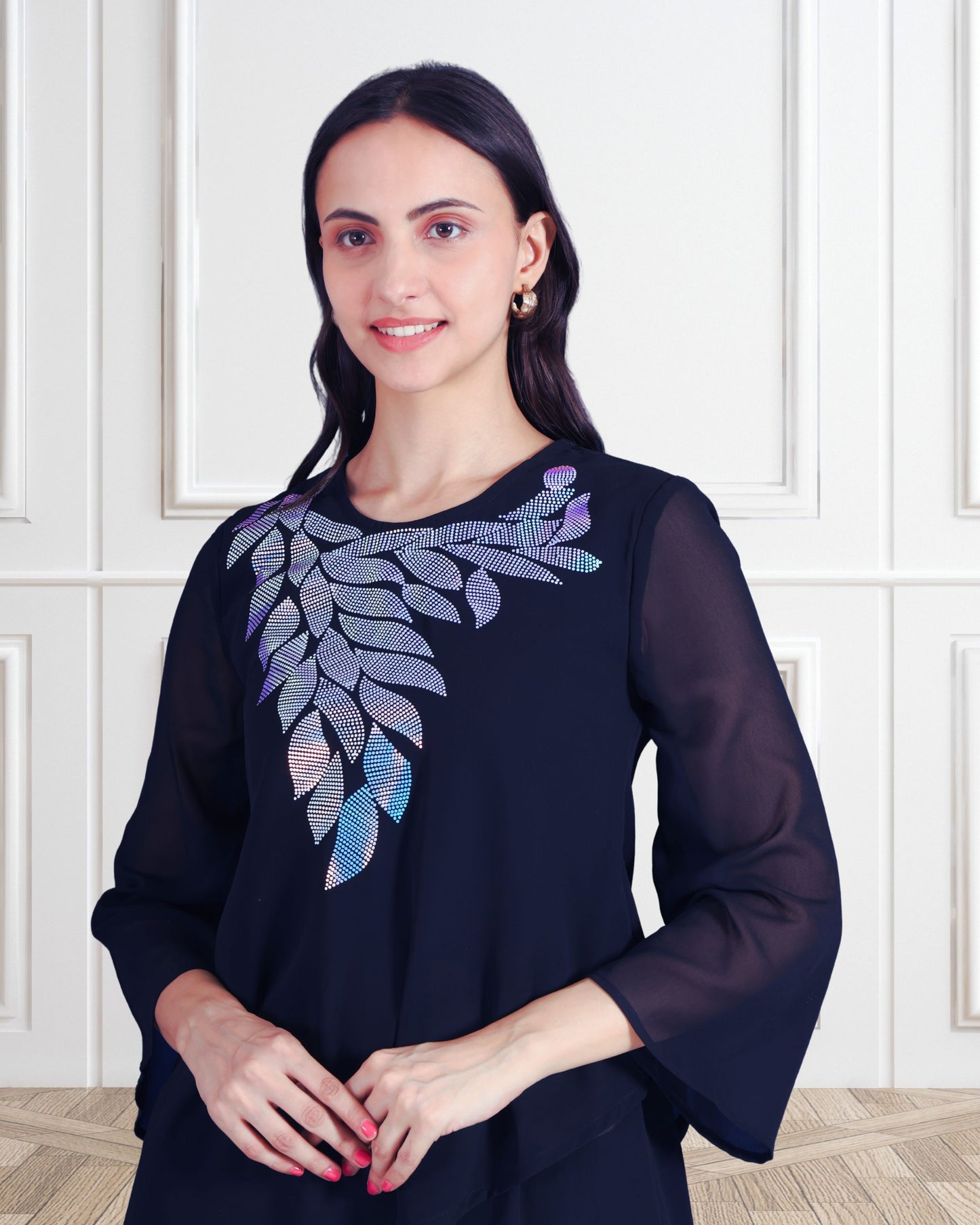 Elegant Sequins Embellished Asymmetric Tunic & Pant Set
