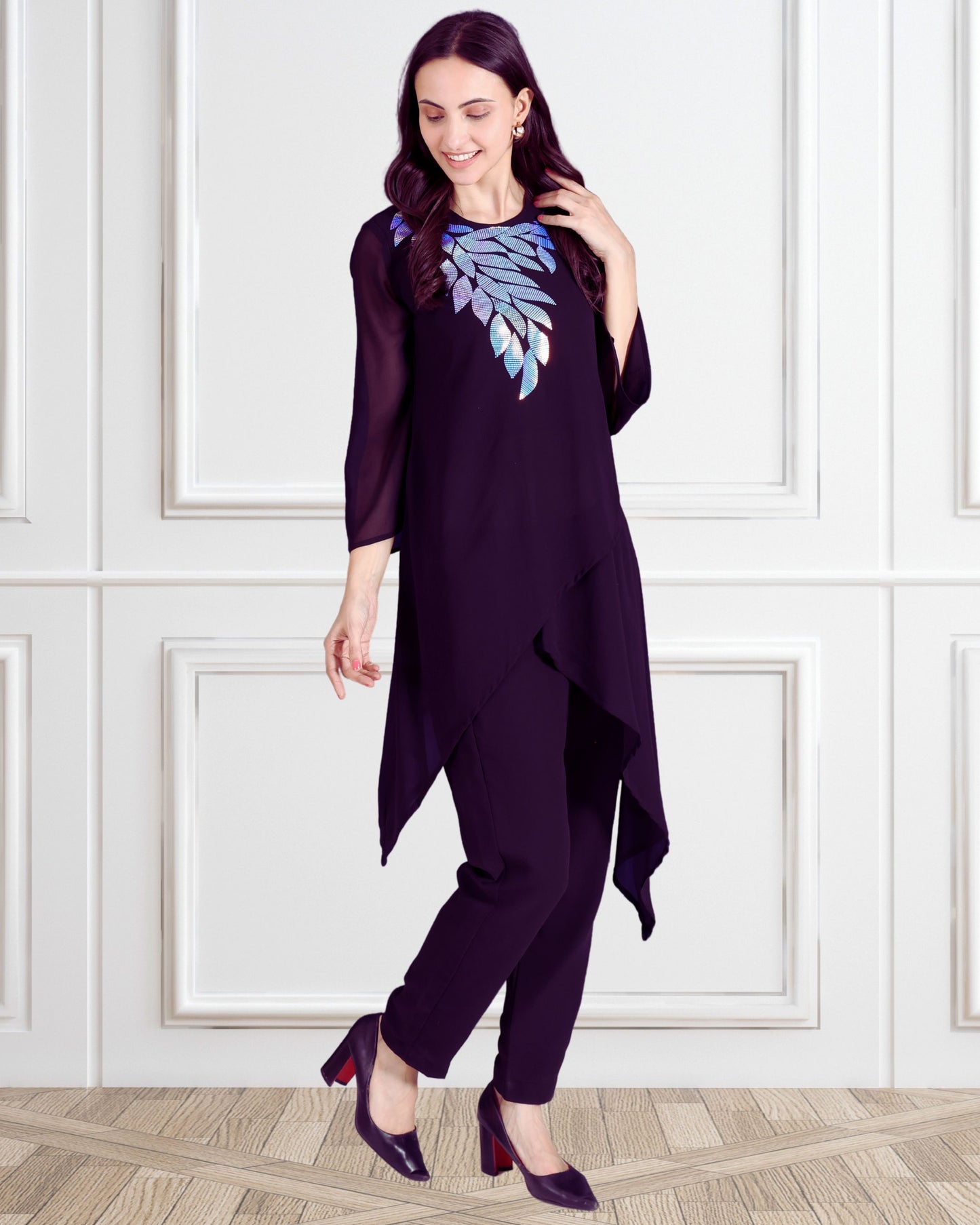 Elegant Sequins Embellished Asymmetric Tunic & Pant Set