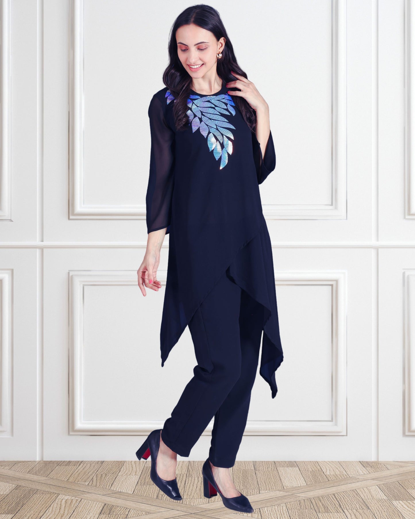 Elegant Sequins Embellished Asymmetric Tunic & Pant Set