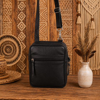 Black Crossbody Leather Bag with Adjustable Strap"