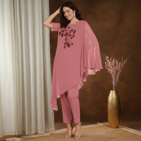 ✨ Sequin Embellished Asymmetric Georgette Top & Pant Set for Women