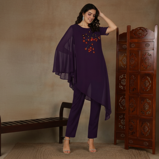 ✨ Sequin Embellished Asymmetric Georgette Top & Pant Set for Women