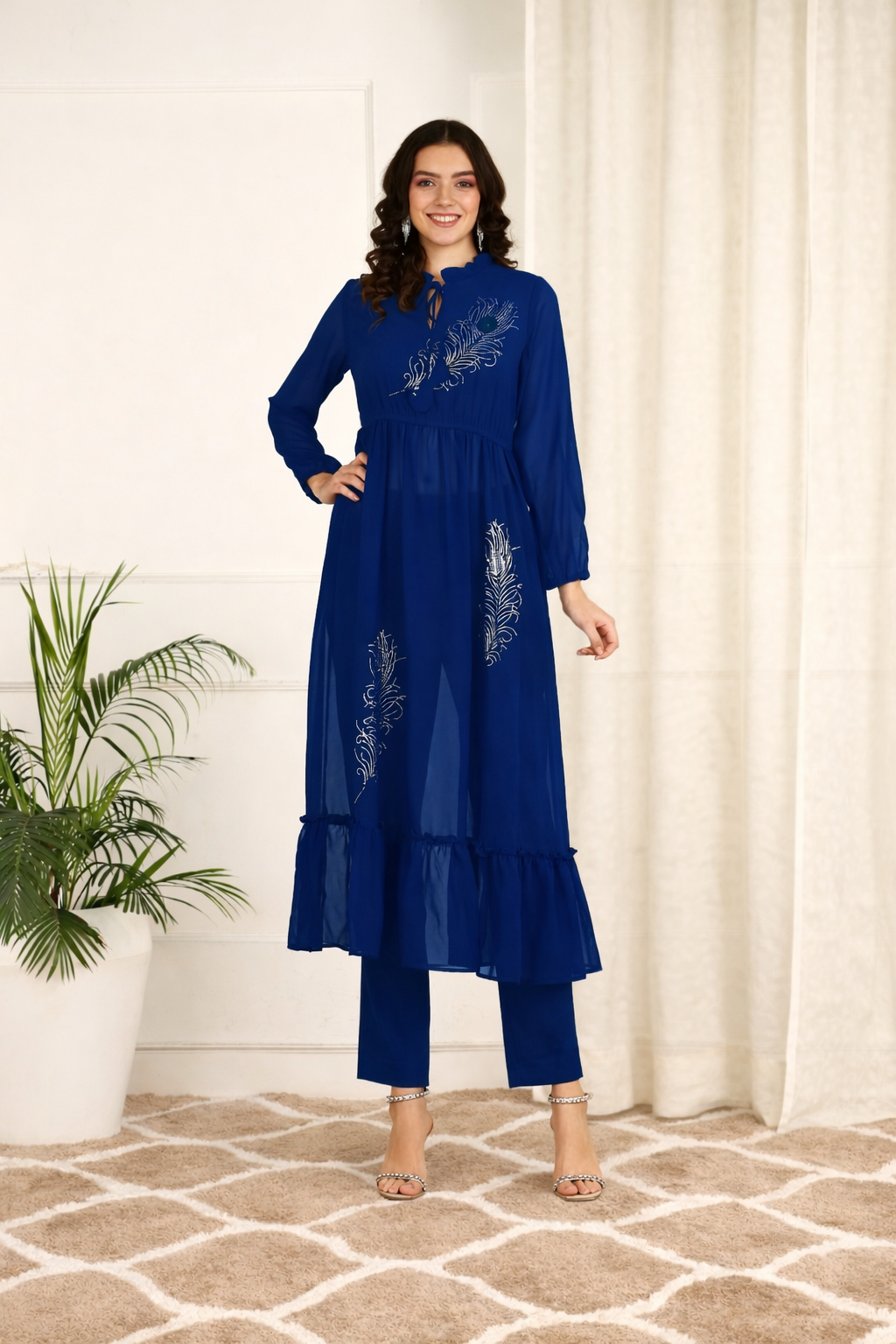 ✨ Peacock Feather Sequin Motifs Georgette Tunic & Pant Set for Women