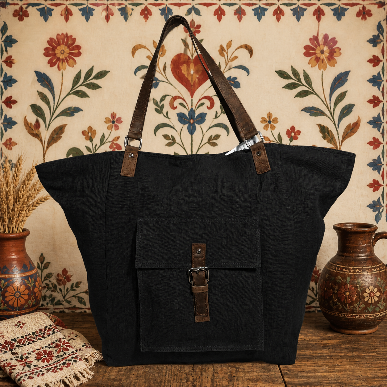 Stylish Large Tote Bag with Cargo Pocket & Leather Strap