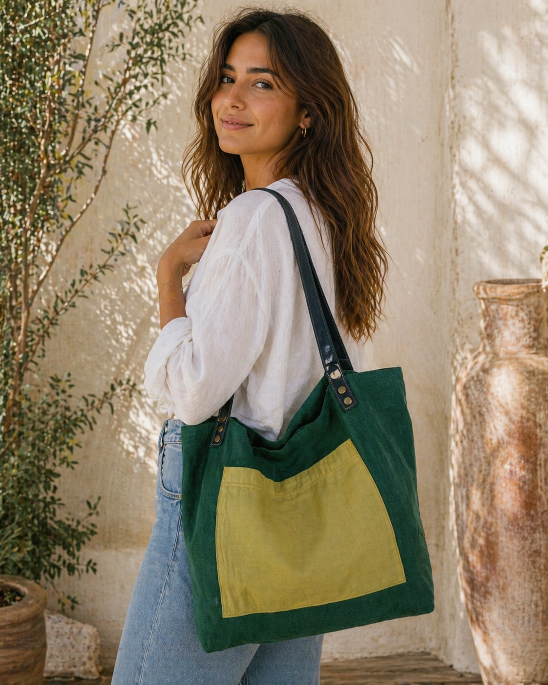 Large Linen Handbag with Wide Stripe Back – Modern Classic Everyday Tote