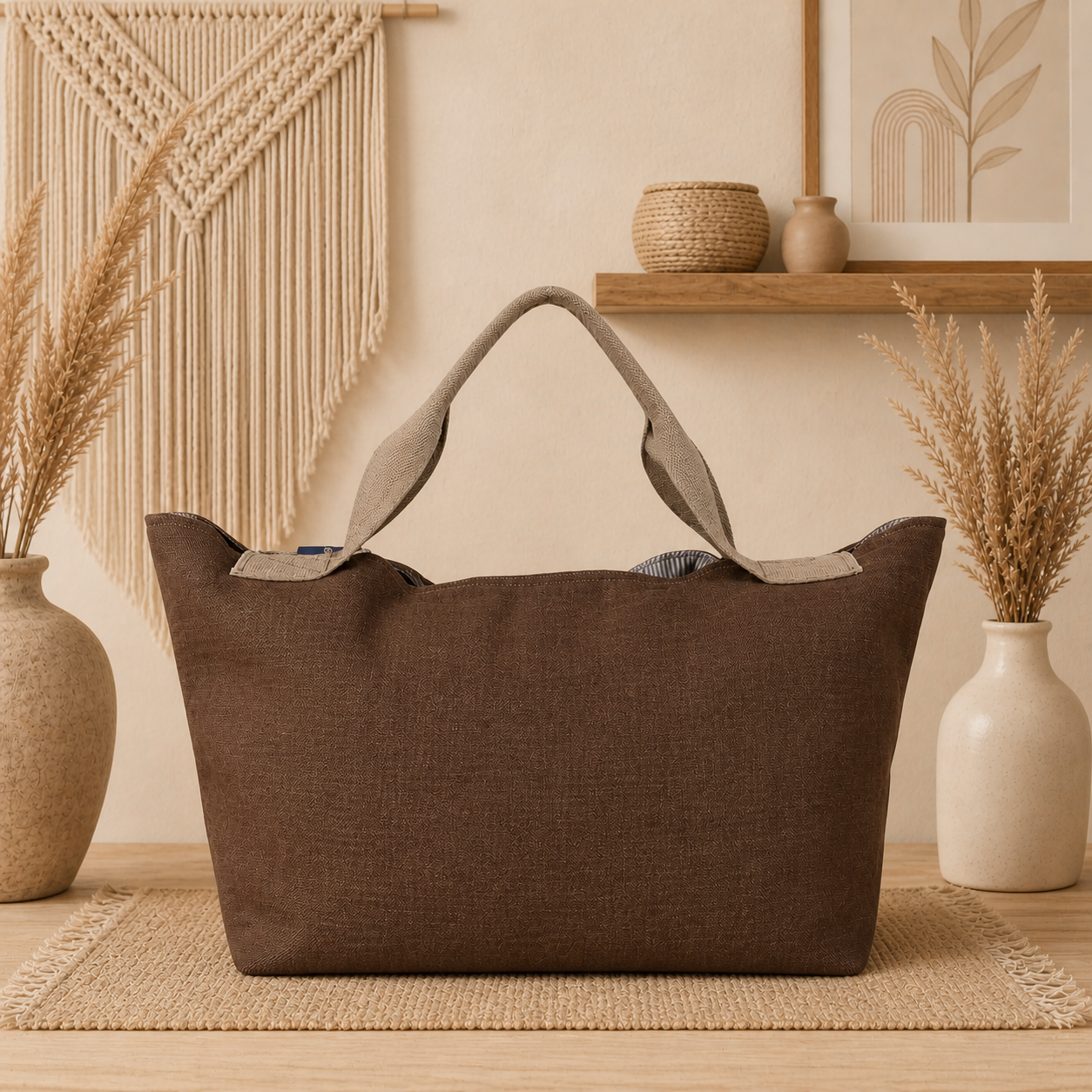 Large Linen Shoulder Tote Bag