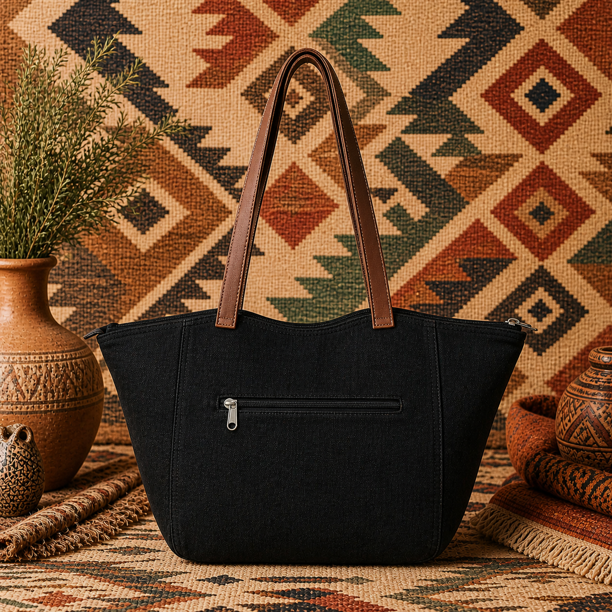 Large Linen Tote Bag with Leather Strap