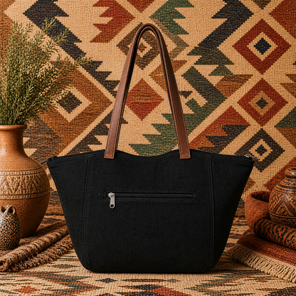 Large Linen Tote Bag with Leather Strap
