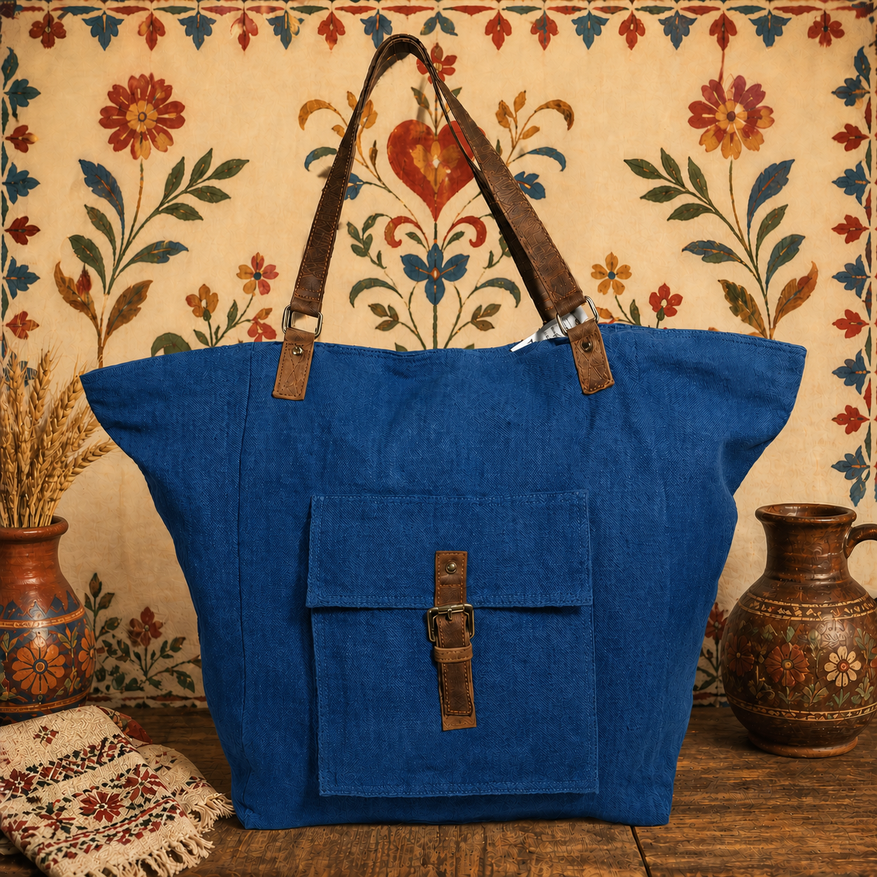Stylish Large Tote Bag with Cargo Pocket & Leather Strap