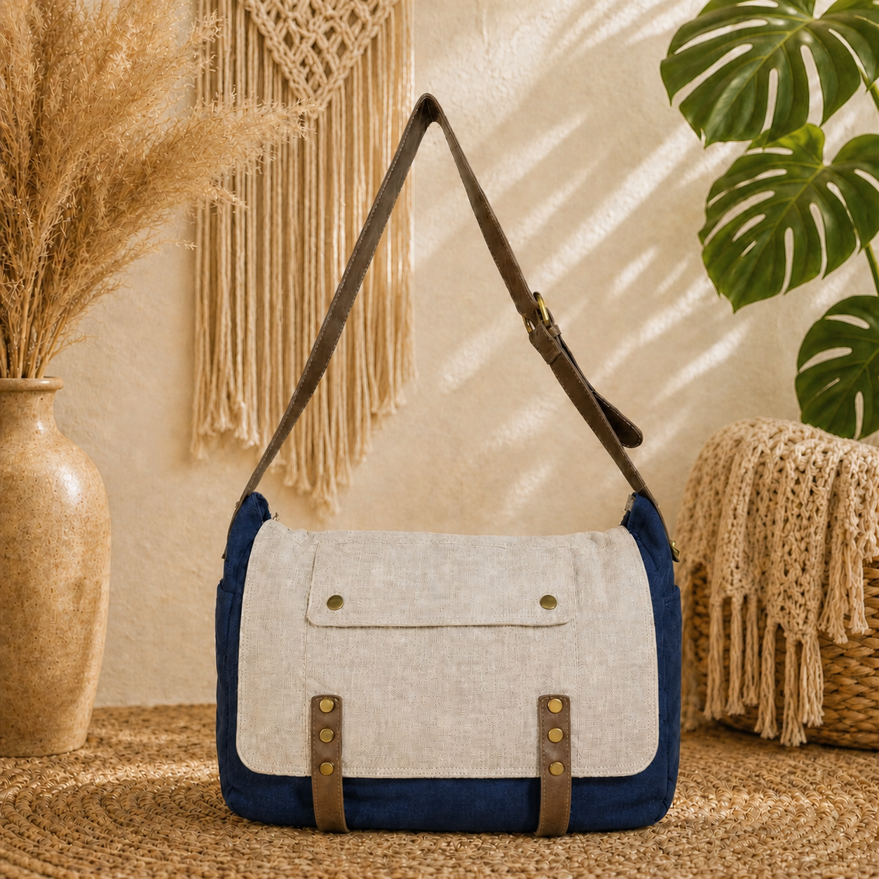 Linen Satchel Bag with Adjustable Strap