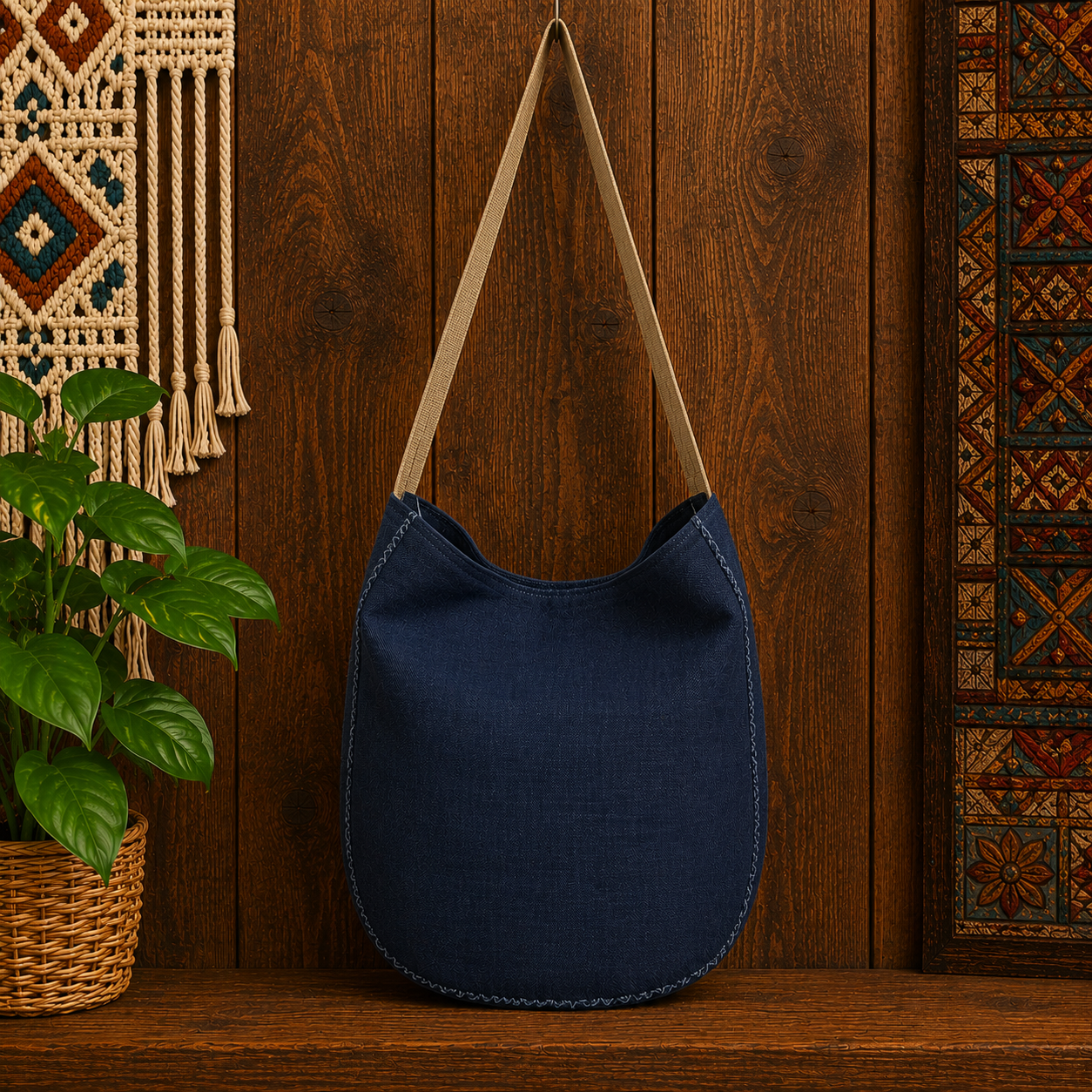 Large Linen Hobo Shoulder Bag
