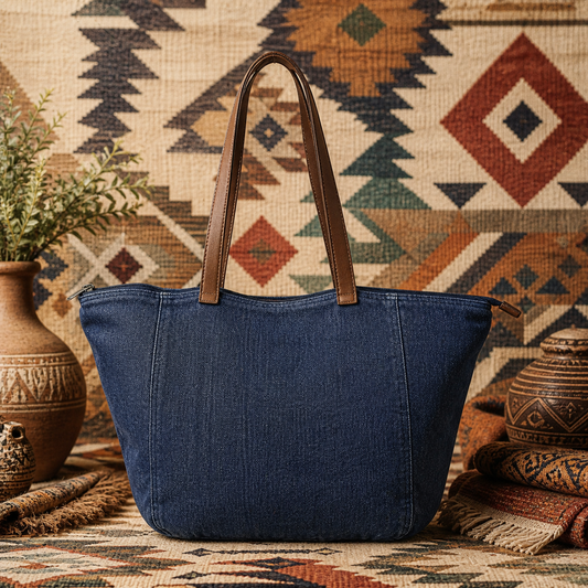 Large Linen Tote Bag with Leather Strap