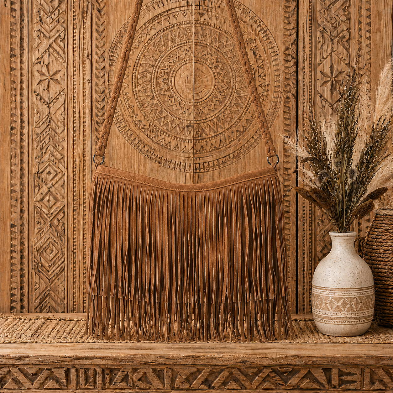 Suede Leather Bag with Fringes &  "Braided Charm"