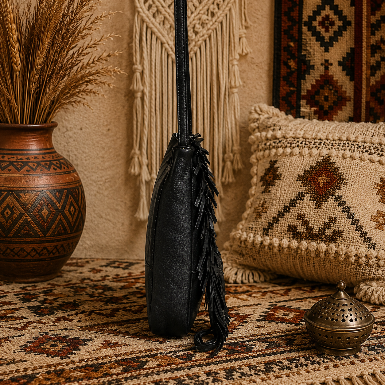 Leather Fringe Handbag with Tassel