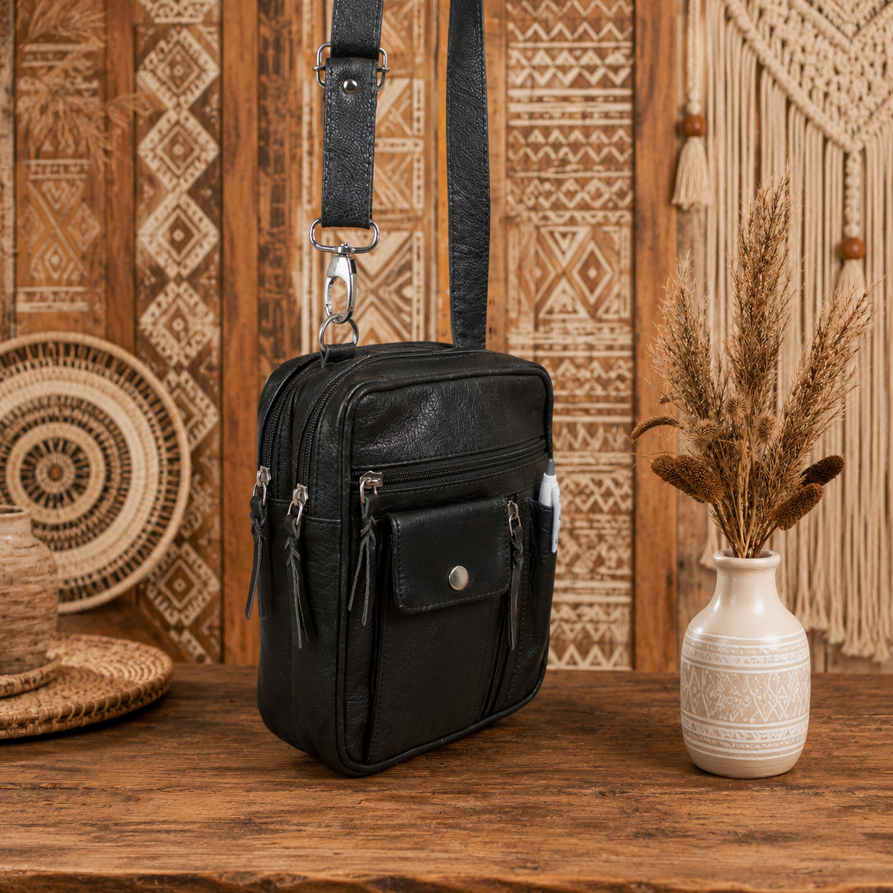 Black Crossbody Leather Bag with Adjustable Strap"
