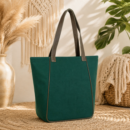 Large Linen Tote Bag with Leather Straps