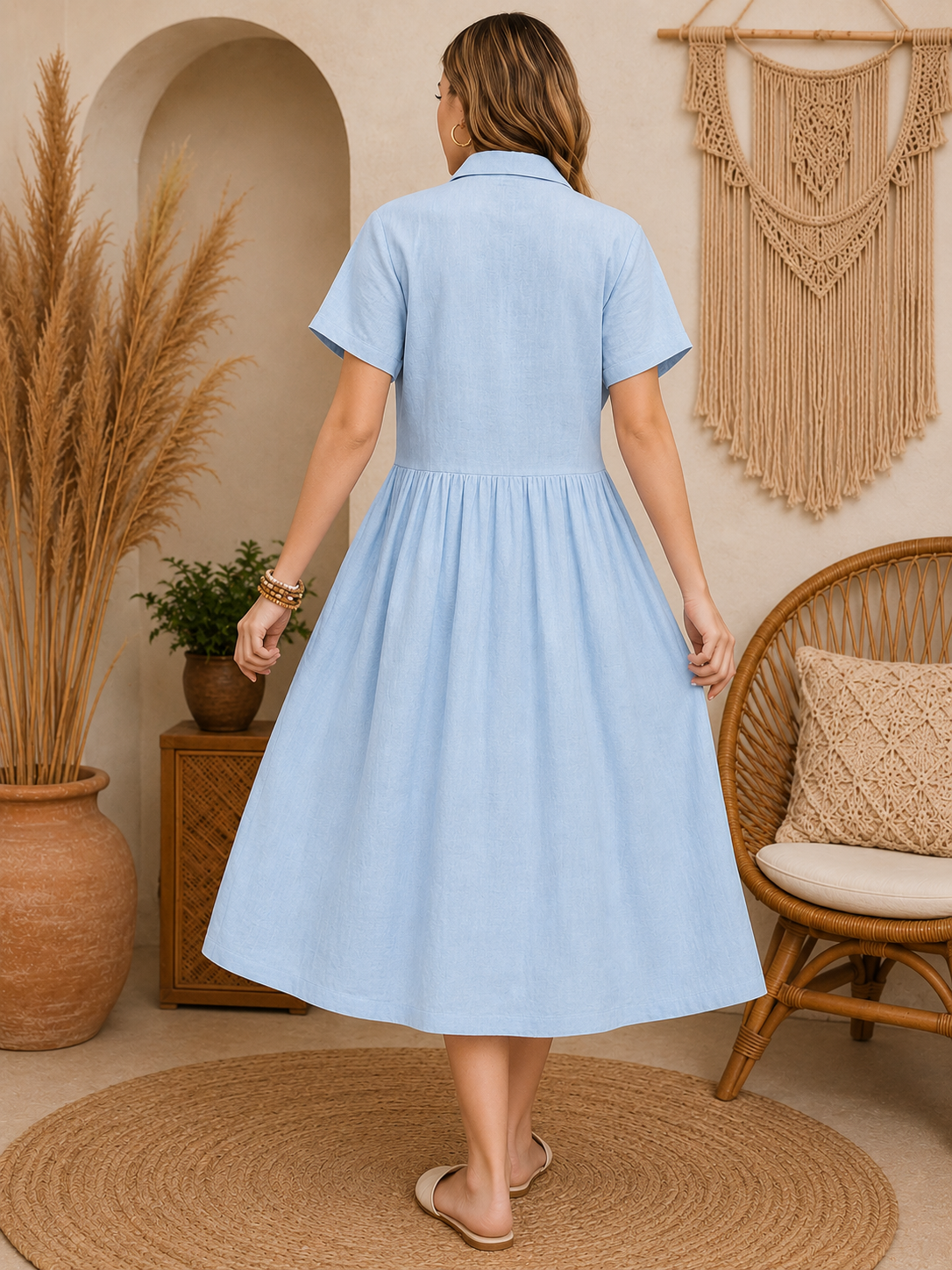 Blush Linen Button-Front Midi Dress – Relaxed Boho Summer Dress