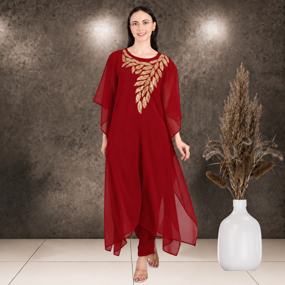 Women's Sequin Motif Embellished Georgette Kaftan Set