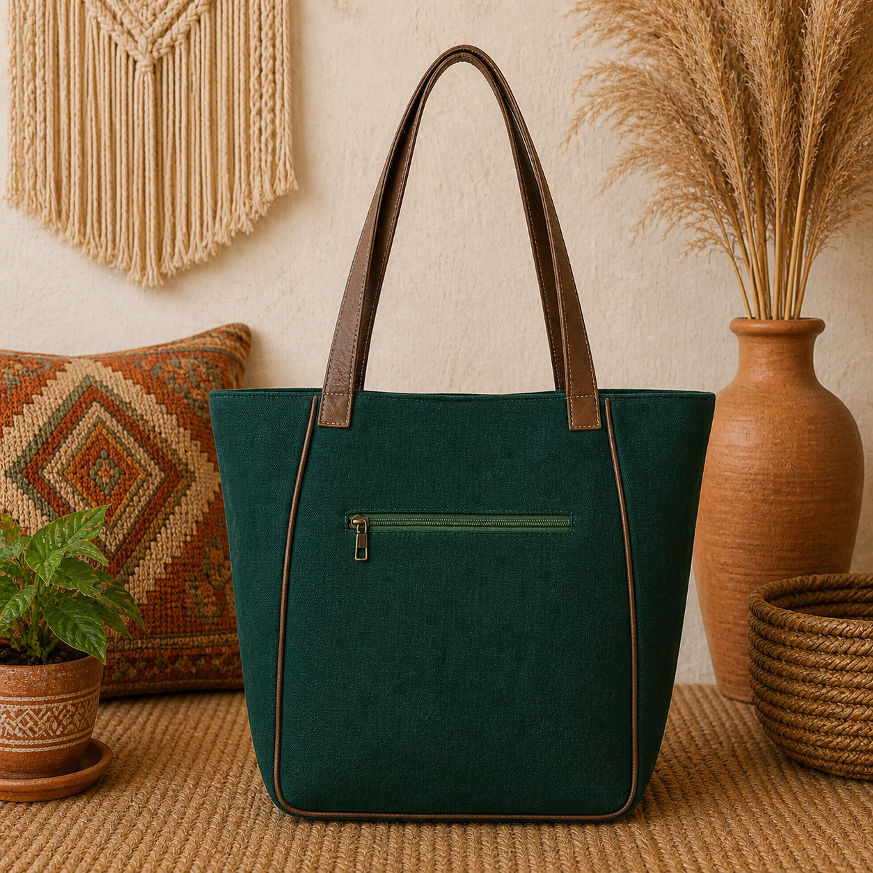 Large Linen Tote Bag with Leather Straps