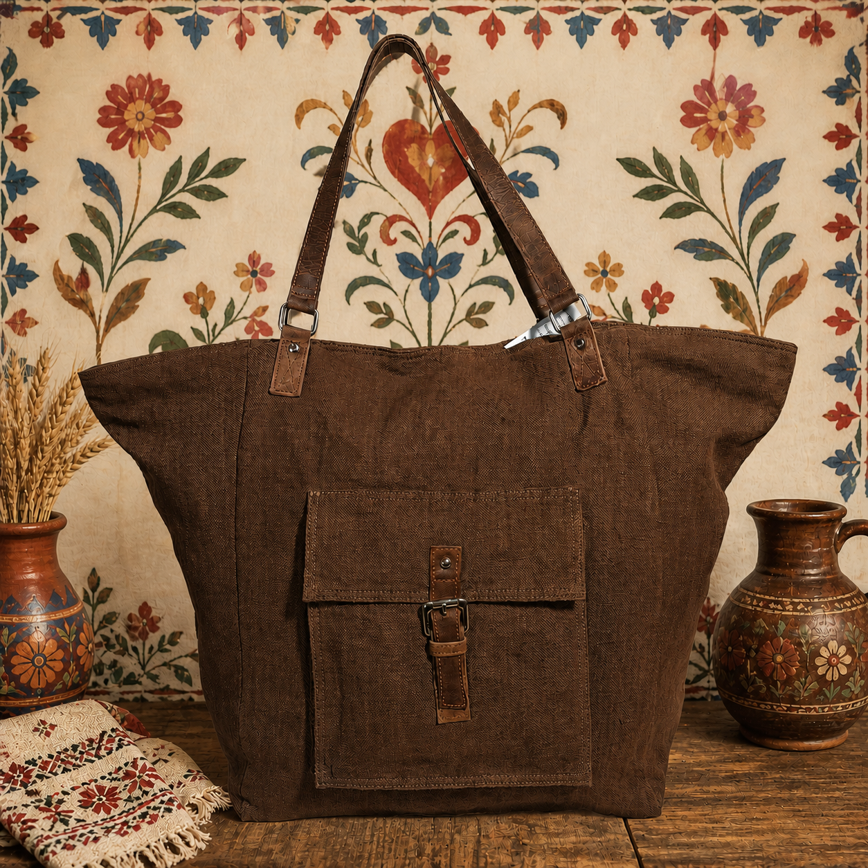Stylish Large Tote Bag with Cargo Pocket & Leather Strap