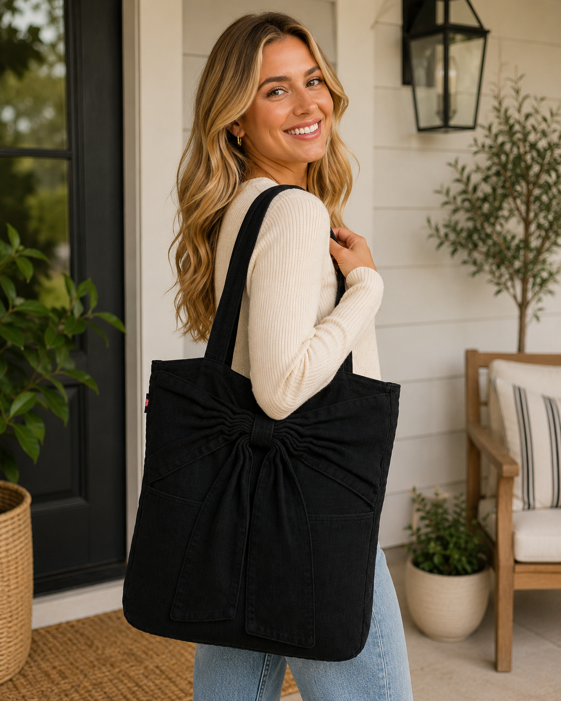 Large Linen Shoulder Tote Bag with Bow
