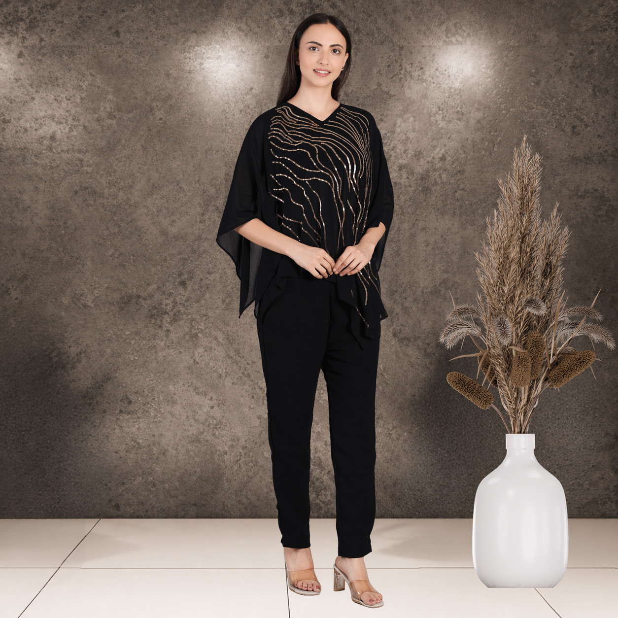Designer Asymmetric Sequins Embellished Top with Matching Pants