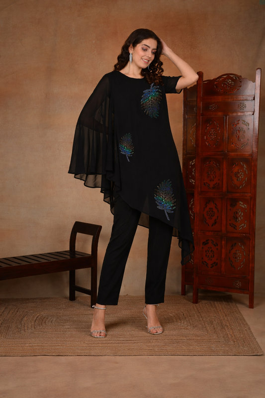 Asymmetric Sequin Embellished Women’s Georgette Top & Pant Co-Ord Set – Festive Party Wear