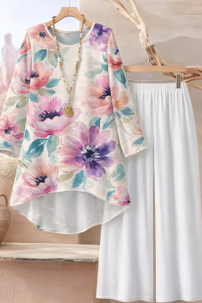 🌸 Spandex Printed Floral Top & Pant Loungewear Set