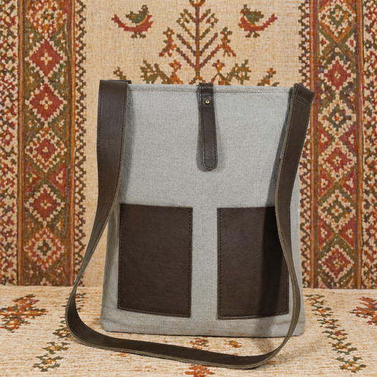 Large Linen Tote Bag with Leather Straps &  Pockets