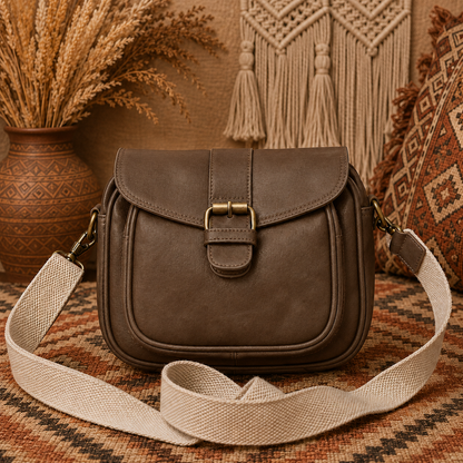 Vintage Coffee Brown Leather Crossbody Bag with Adjustable Strap