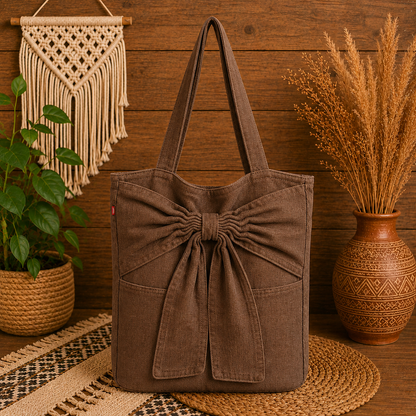 Large Linen Shoulder Tote Bag with Bow
