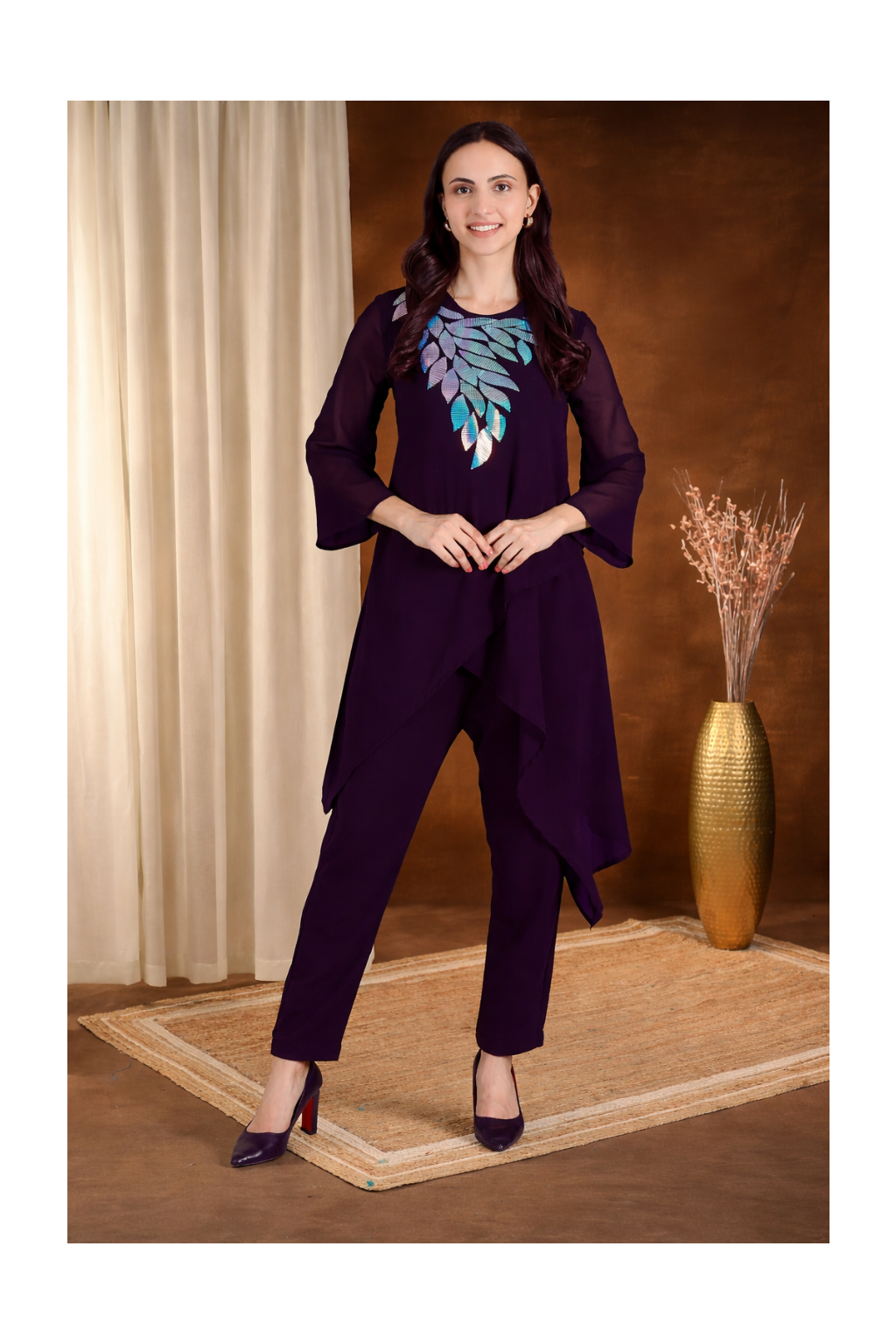 Elegant Sequins Embellished Asymmetric Tunic & Pant Set
