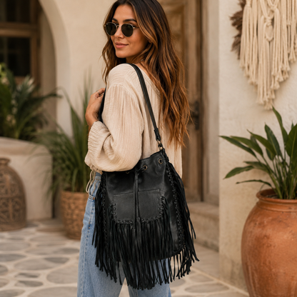 Midnight Boho Fringe Leather Bucket Bag