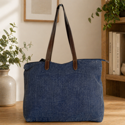 Timeless Linen Handbag with Genuine Leather Handles