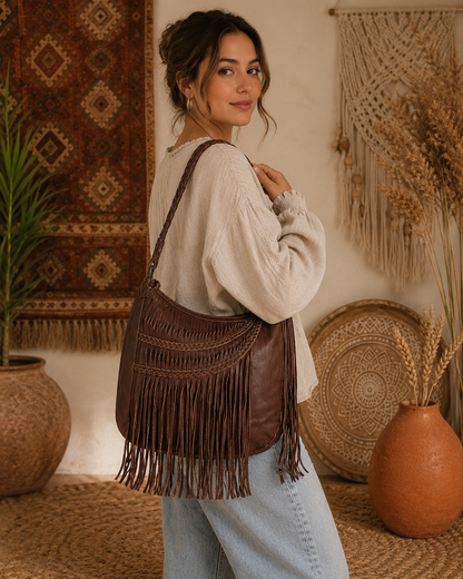 Boho Luxe: Cognac Leather Baguette Fringe Handbag