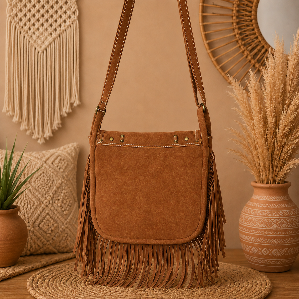 Suede Crossbody Leather Bag  with Fringes