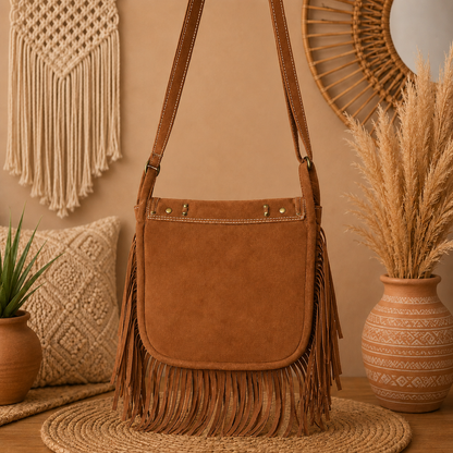 Suede Crossbody Leather Bag  with Fringes