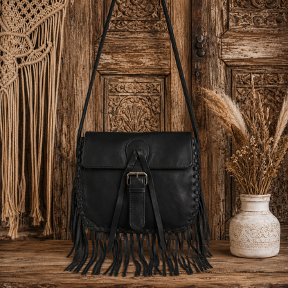 Black Leather Fringes Bag
