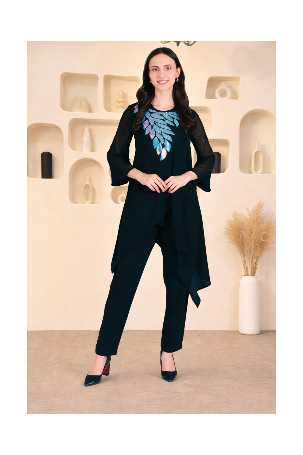 Elegant Sequins Embellished Asymmetric Tunic & Pant Set