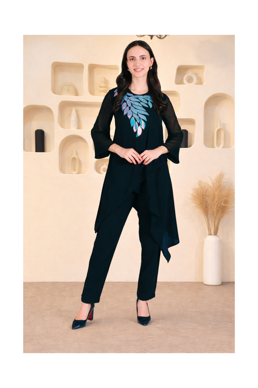 Elegant Sequins Embellished Asymmetric Tunic & Pant Set