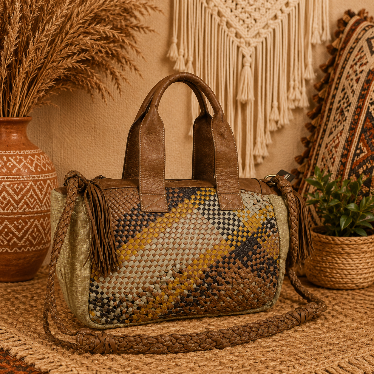 Boho Woven Leather Tote Bag – Handmade Multi-Color Patchwork Shoulder & Crossbody Bag