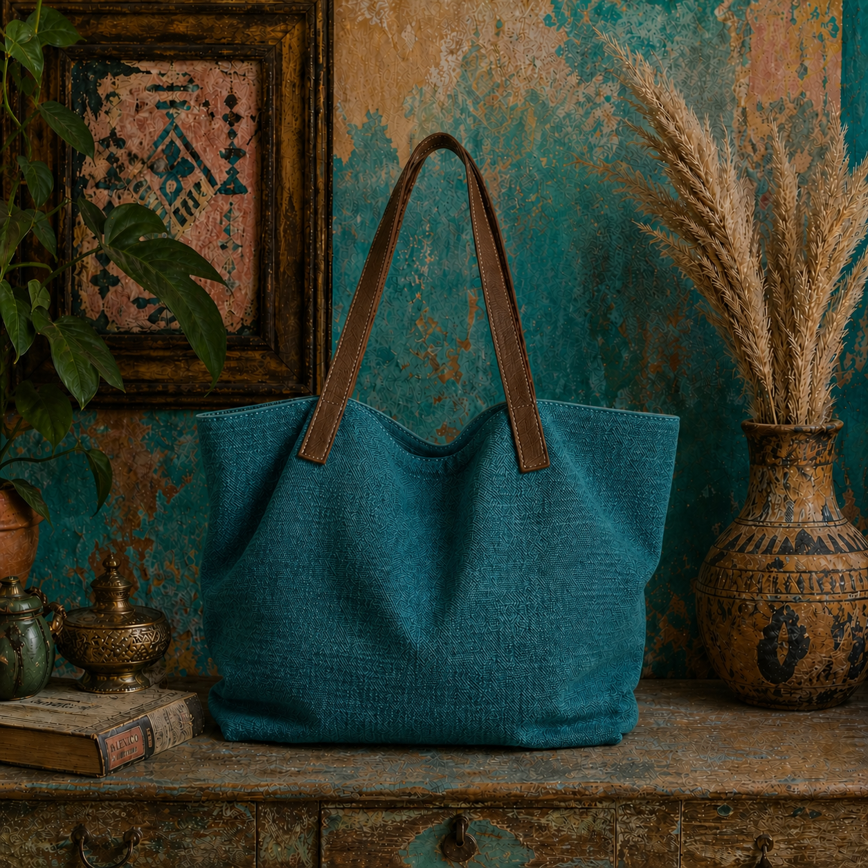 Large Linen Shoulder Tote Bag with Leather Strap