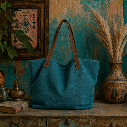 Large Linen Shoulder Tote Bag with Leather Strap