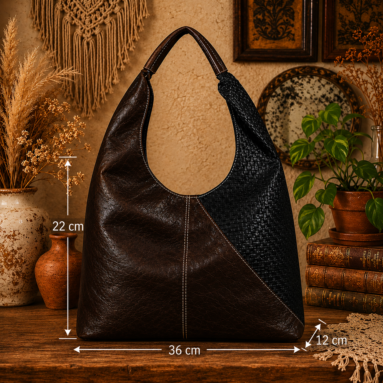 Hobo Leather Handbag with Basket Weave Patchwork