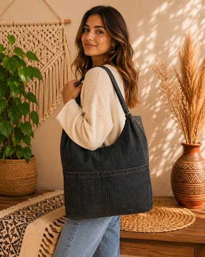 Large Linen Stone washed Shoulder Tote Bag