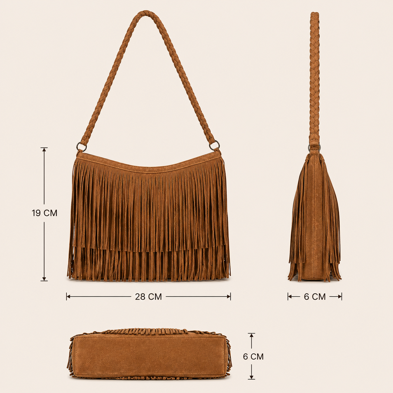 Suede Leather Bag with Fringes &  "Braided Charm"
