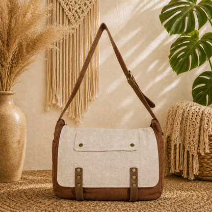 Linen Satchel Bag with Adjustable Strap