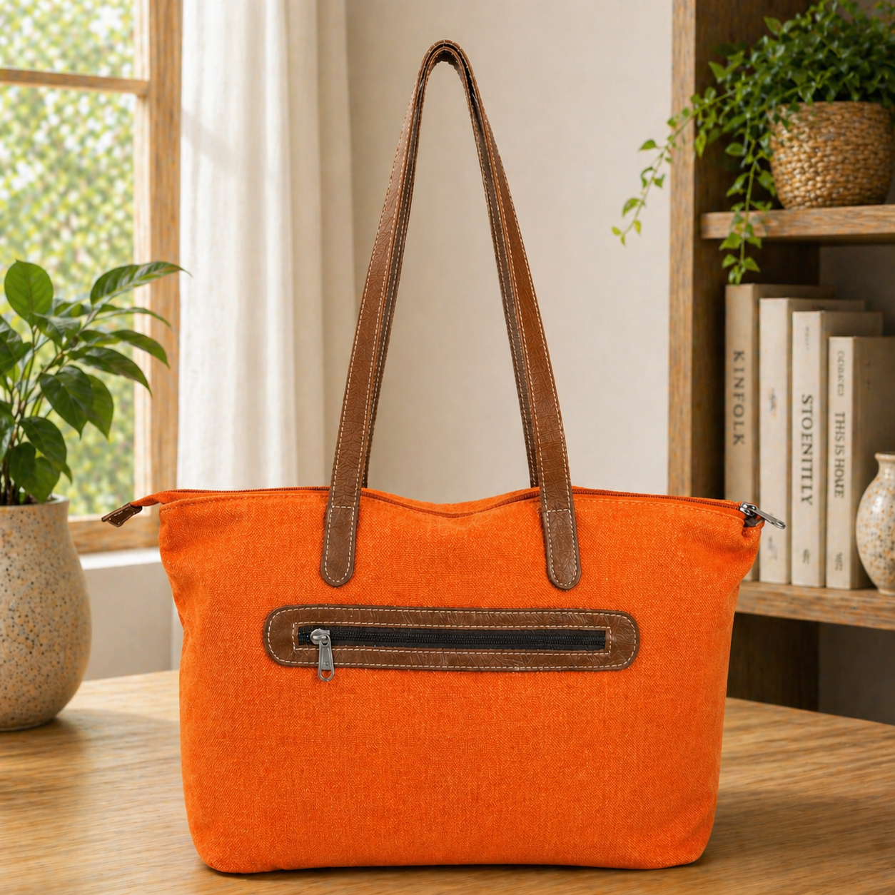 Timeless Linen Handbag with Genuine Leather Handles